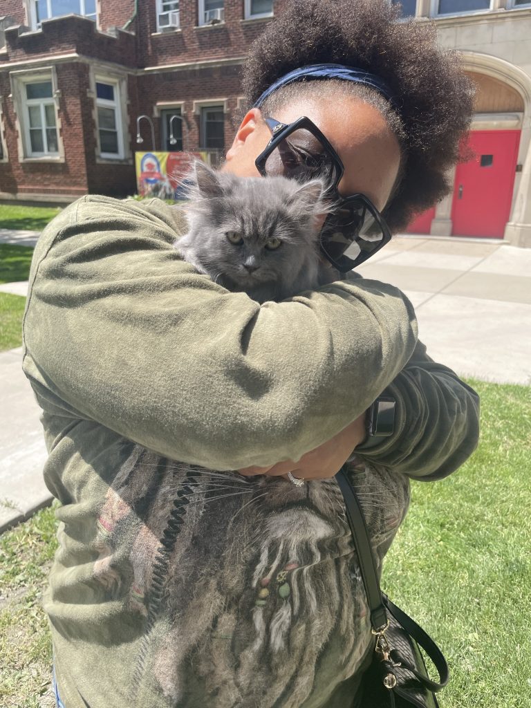 Karla Boston of Longmeadow Siberians cattery holding our new grey kitten