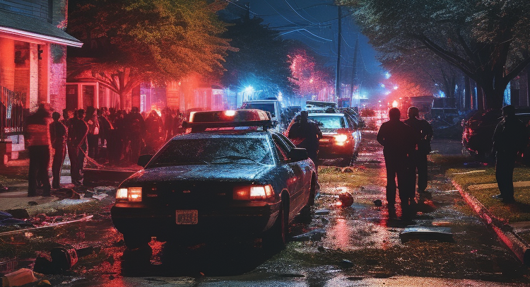 chaotic nighttime street scene in residential area with police cars and people standing around